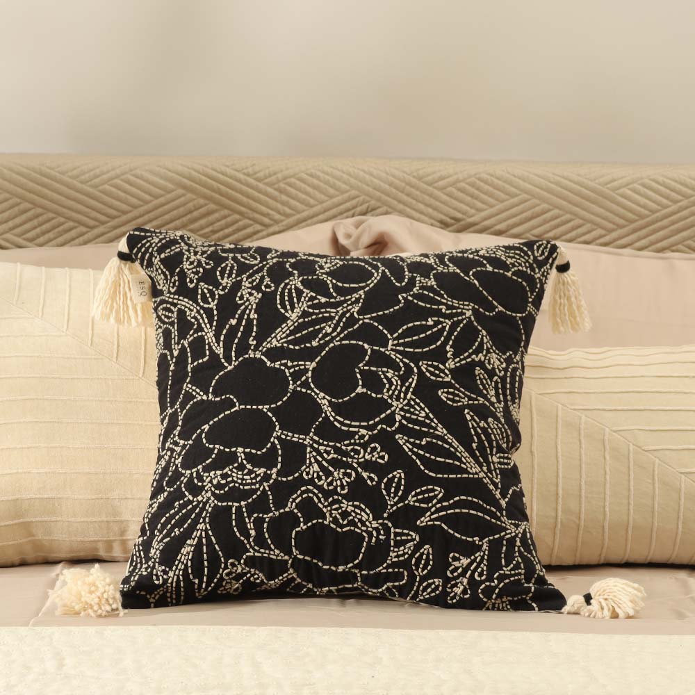 Briar Embroidered Cotton Cushion Cover 45x45cm - Black Ivory