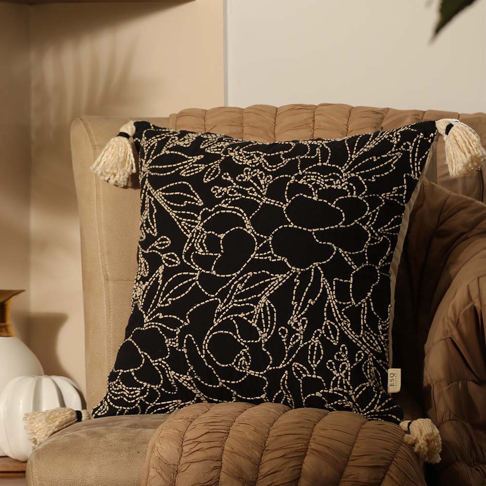 Briar Embroidered Cotton Cushion Cover 45x45cm - Black Ivory