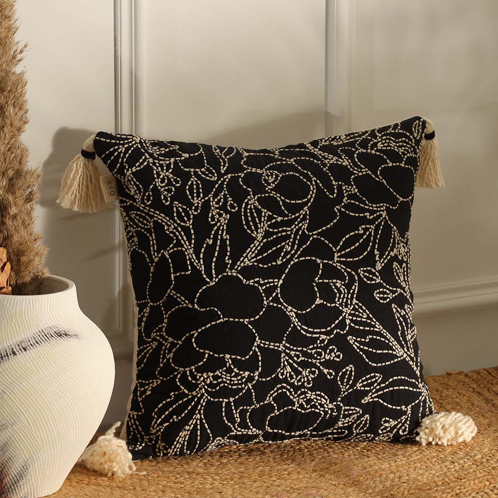 Briar Embroidered Cotton Cushion Cover 45x45cm - Black Ivory