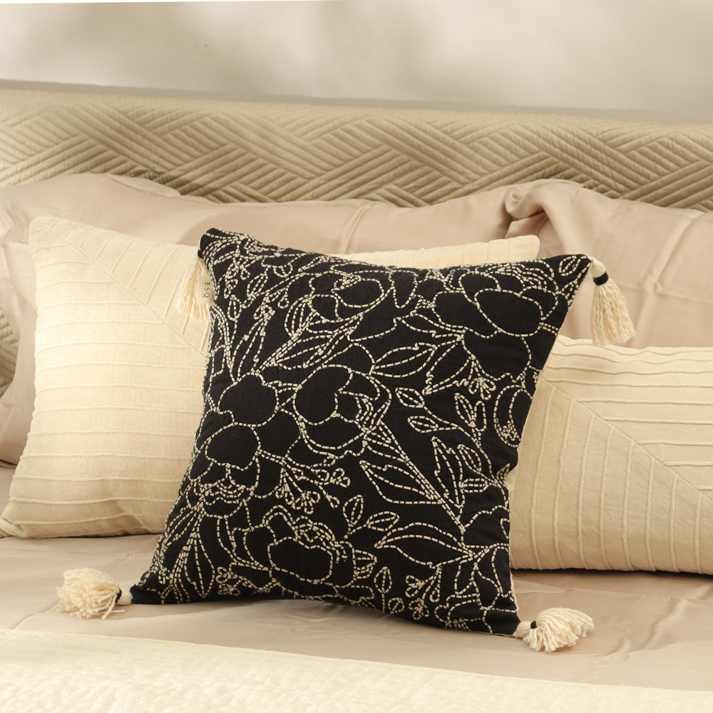 Briar Embroidered Cotton Cushion Cover 45x45cm - Black Ivory