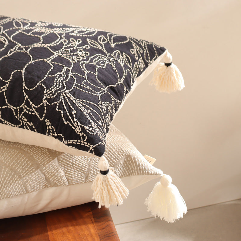 Briar Embroidered Cotton Cushion Cover 45x45cm - Black Ivory