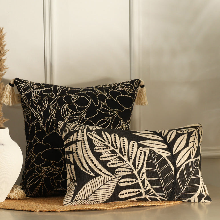 Briar Embroidered Cotton Cushion Cover 45x45cm - Black Ivory