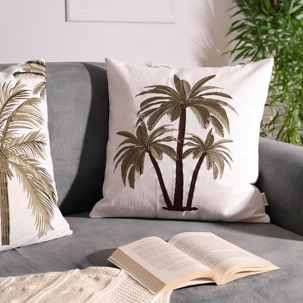 Palm Island Embroidered Cushion Cover 45x45cm - Green Brown