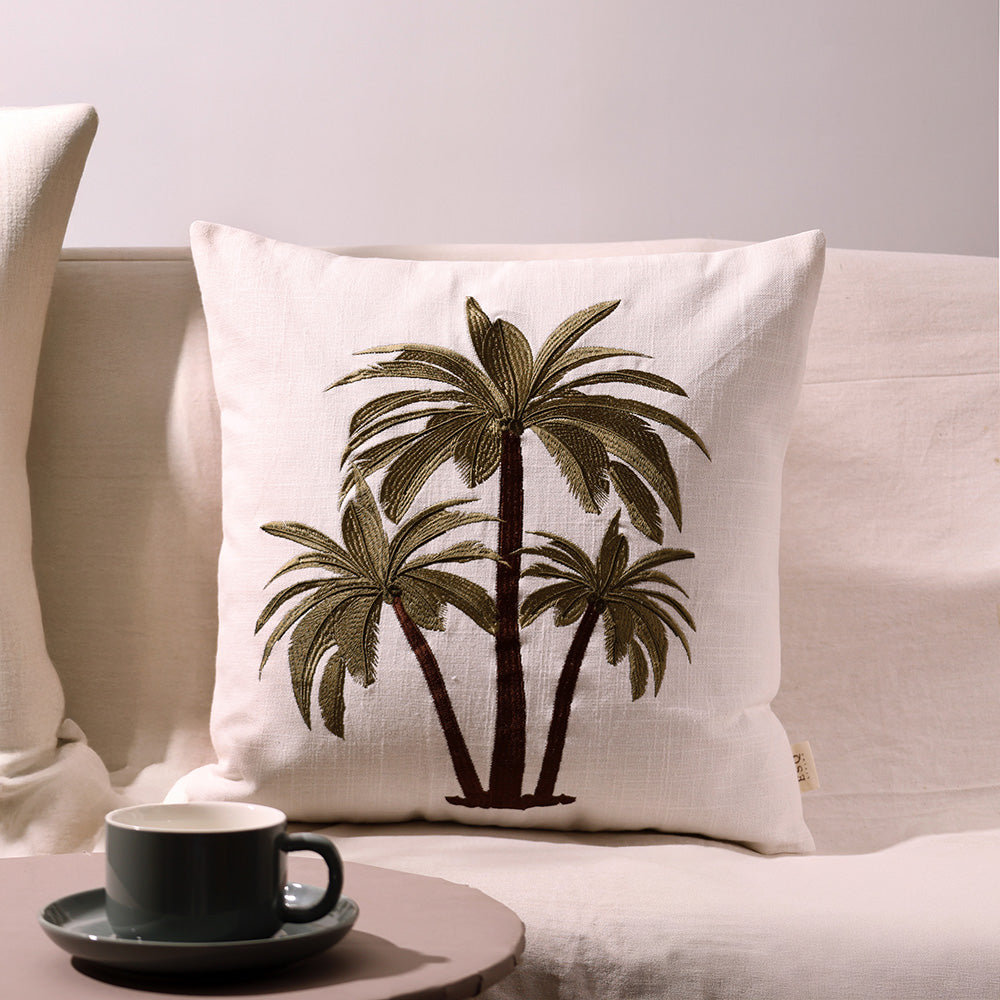 Palm Island Embroidered Cushion Cover 45x45cm - Green Brown
