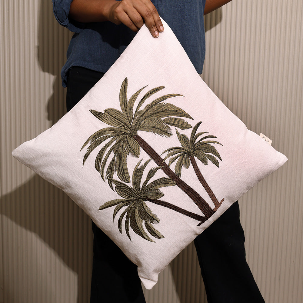 Palm Island Embroidered Cushion Cover 45x45cm - Green Brown