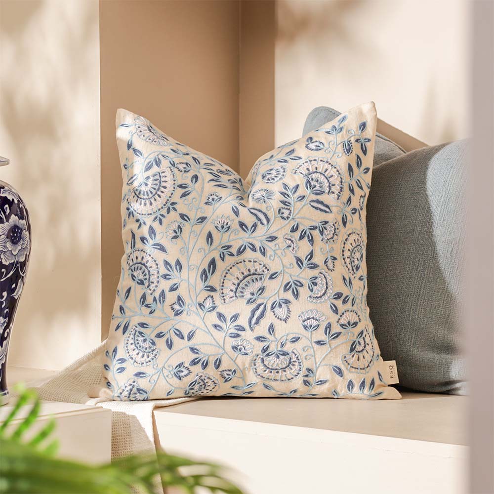 Calico Embroidered Cushion Cover 45x45cm - Blue Grey