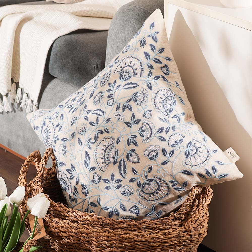 Calico Embroidered Cushion Cover 45x45cm - Blue Grey