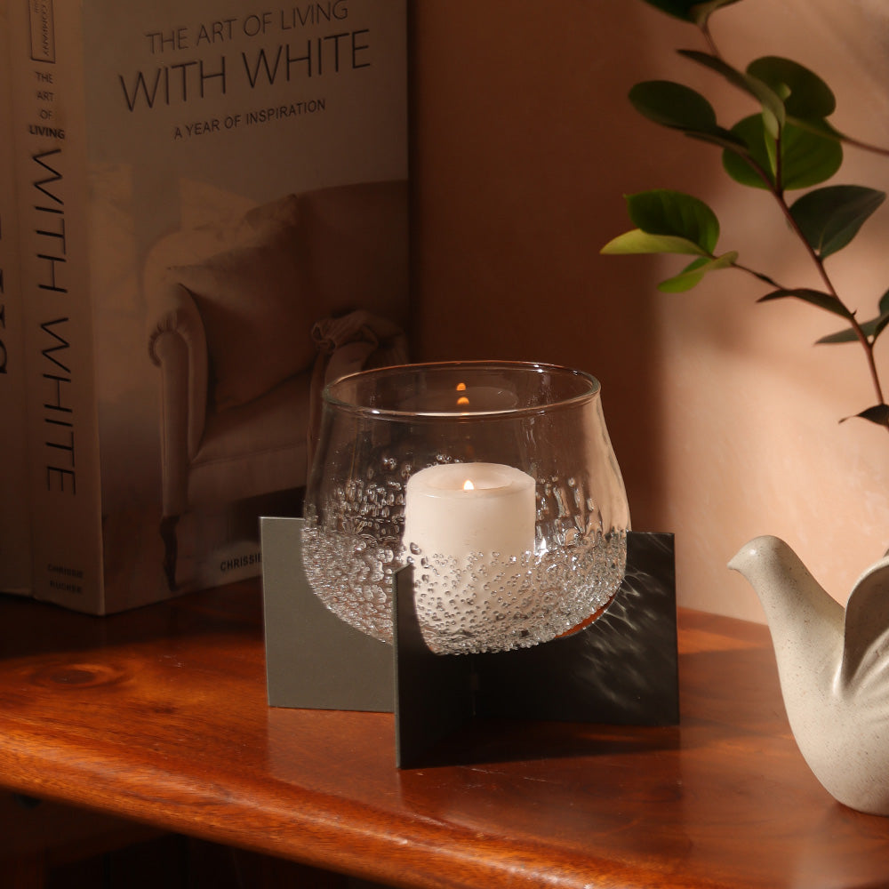Carbo Glass Hurricane with Iron Stand - Clear Gunmetal