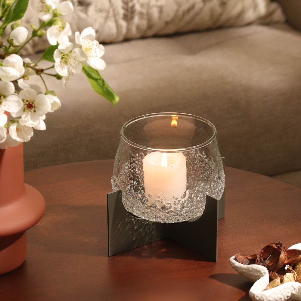 Carbo Glass Hurricane with Iron Stand - Clear Gunmetal