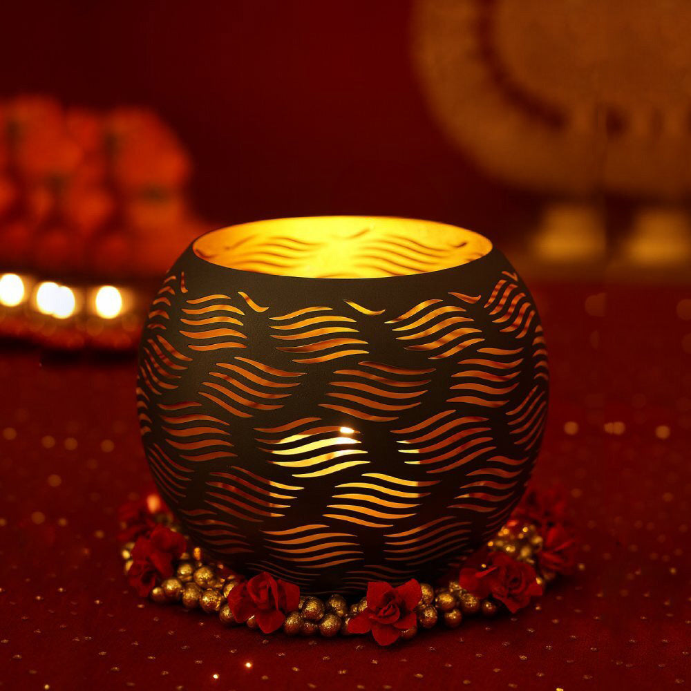 Carved Candle Holder Medium - Black Gold
