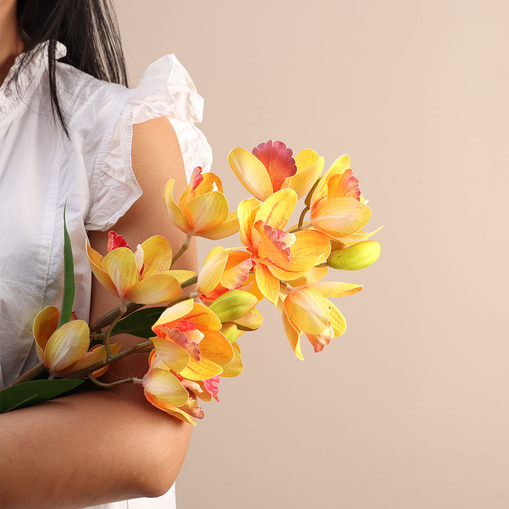 Cattleya Orchid Faux Stem - Sunset Orange