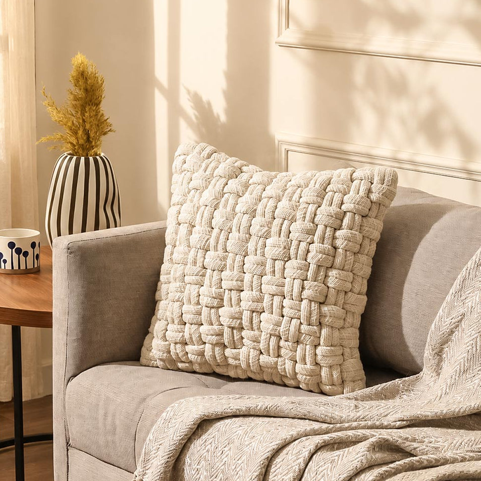 Celtic Weave Cotton and Jute Cushion Cover 45x45cm - Cream
