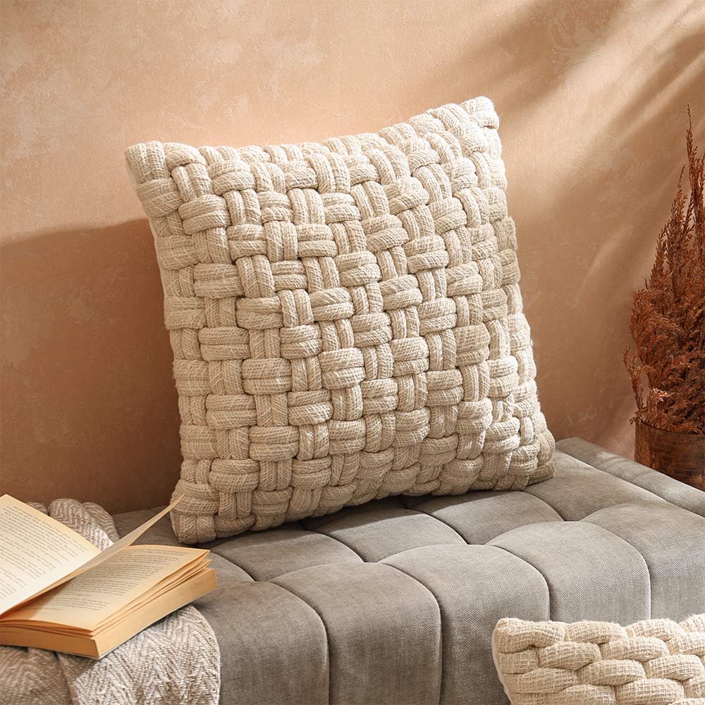 Celtic Weave Cotton and Jute Cushion Cover 45x45cm - Cream