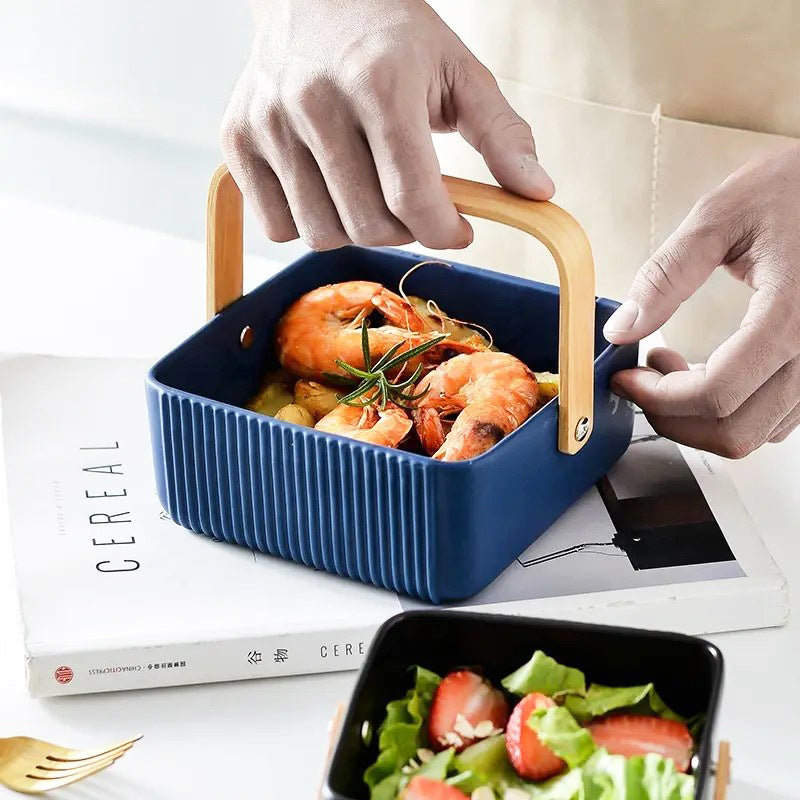 Ceramic Serving Basket With Handle Small - Blue