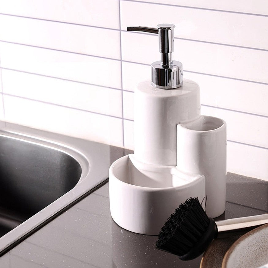 Ceramic Sink Organiser with Scrub Brush - White