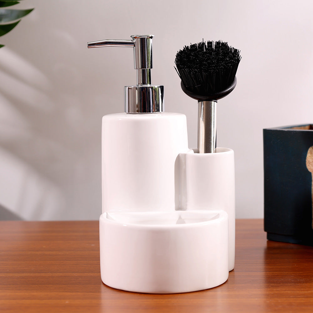 Ceramic Sink Organiser with Scrub Brush - White