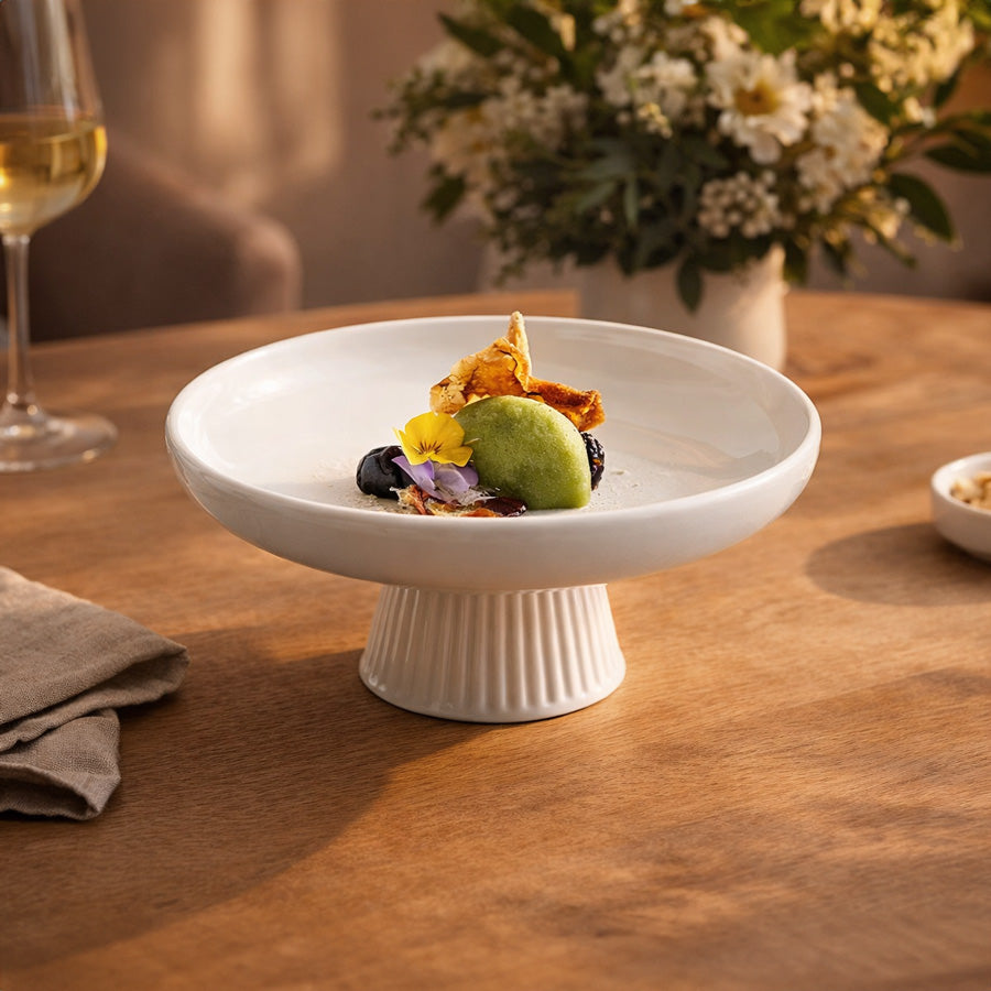 Ceramic Ribbed Elevated Plate Small - White