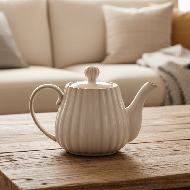 Lines Ceramic Tea Pot - White