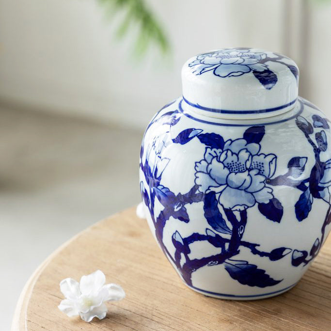 Chantilly Ginger Jar With Lid Short  - Blue Flowers