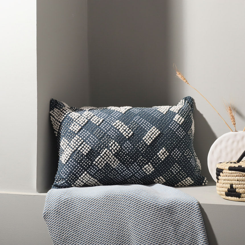 Checked Beaded Rectangular Cushion Cover - Blue White