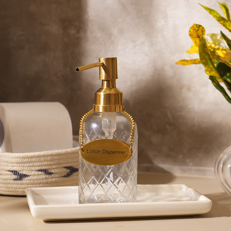 Checker Glass and Brass Lotion Dispenser - Clear Gold
