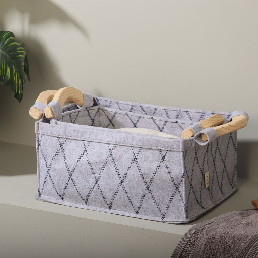 Checks Felt Storage Baskets with Wooden Handles, Set of 2 - Grey