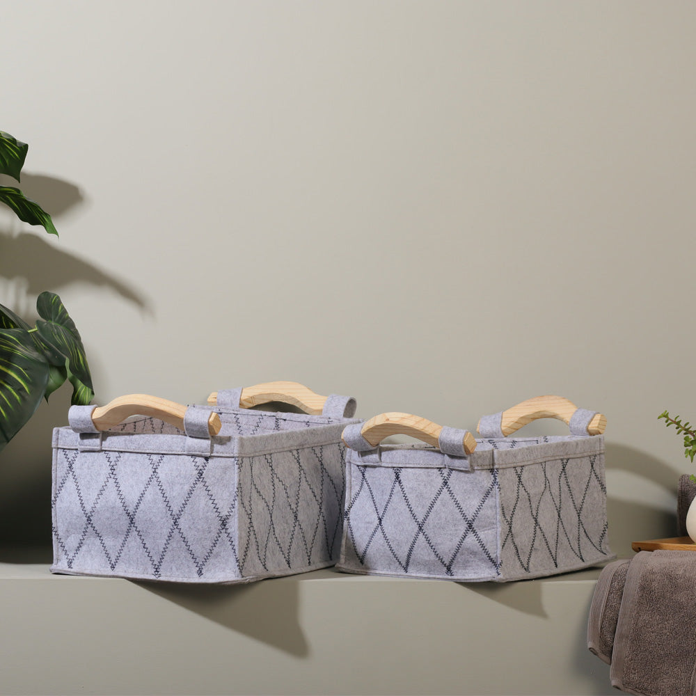 Checks Felt Storage Baskets with Wooden Handles, Set of 2 - Grey