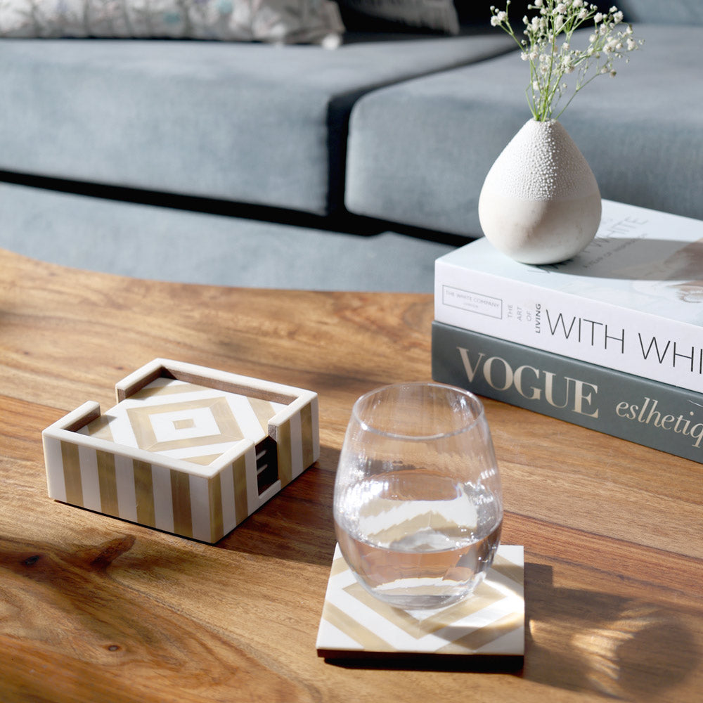 Chevre Square Resin Coasters, Set of 4 - Beige White