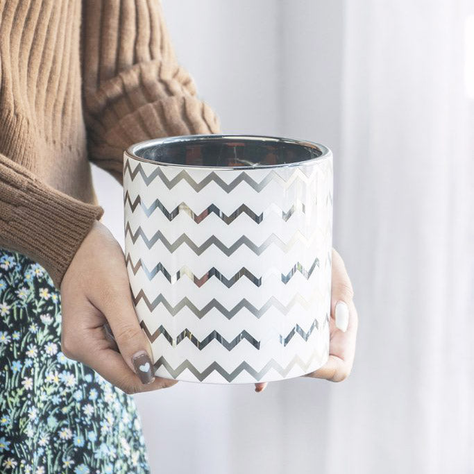 Chevron Decorative Planter Medium - White & Silver