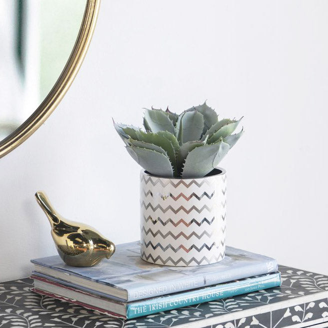 Chevron Decorative Planter Medium - White & Silver