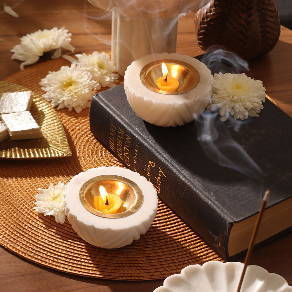 Chevron Marble & Brass Diyas Medium, Set of 2 - White Gold