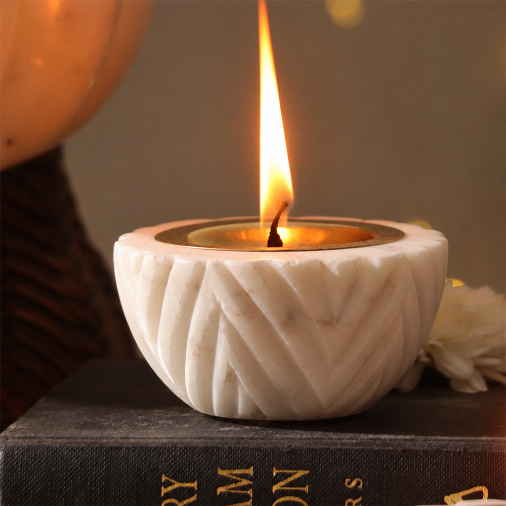 Chevron Marble & Brass Diyas Medium, Set of 2 - White Gold