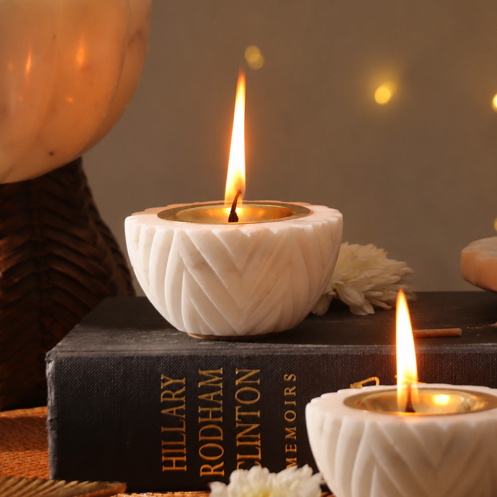 Chevron Marble & Brass Diyas Medium, Set of 2 - White Gold
