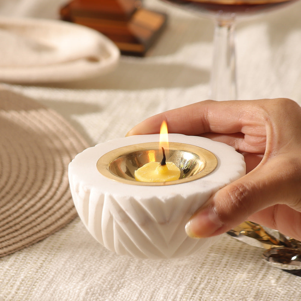 Chevron Marble & Brass Diyas Medium, Set of 2 - White Gold
