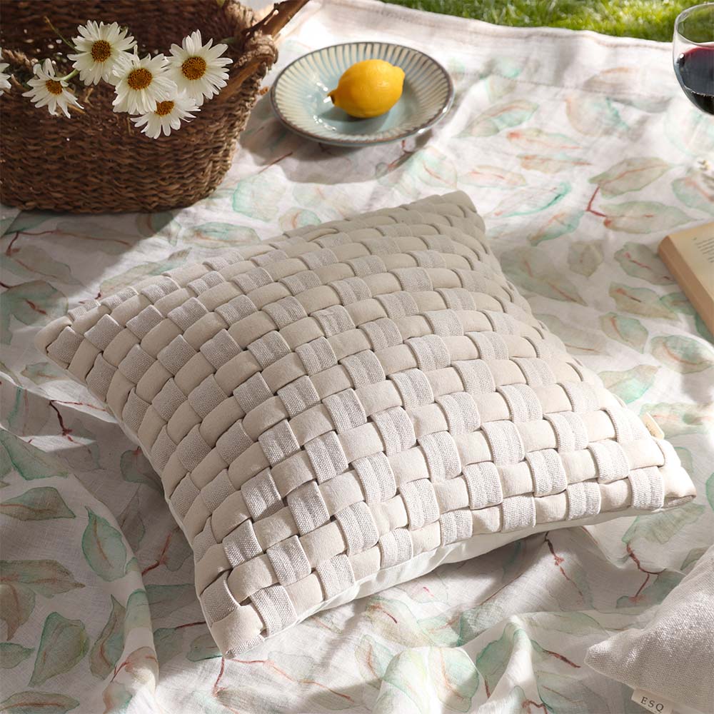 Macro Checkered Cotton Cushion Cover 45x45cm - Beige Cream