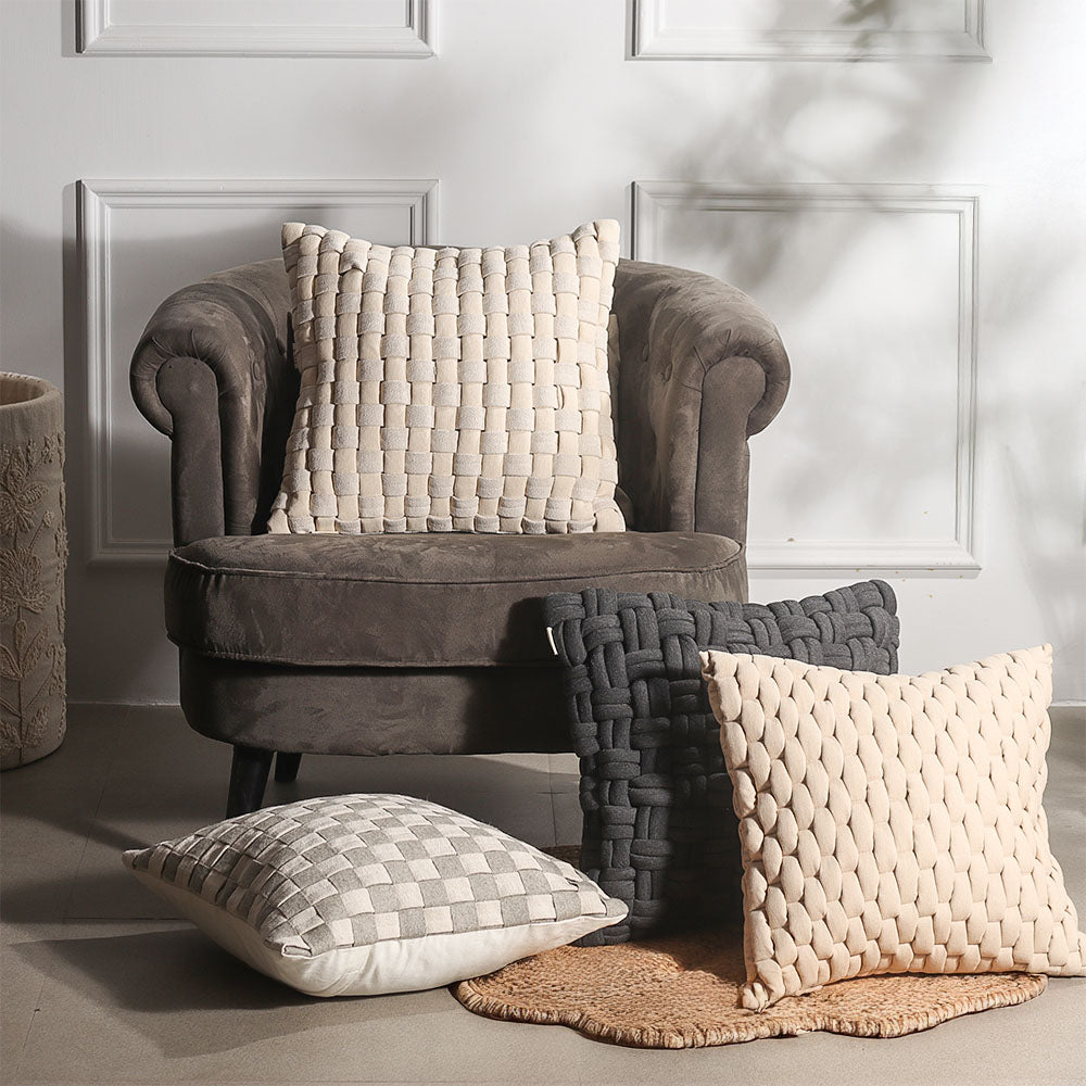 Macro Checkered Cotton Cushion Cover 45x45cm - Beige Cream