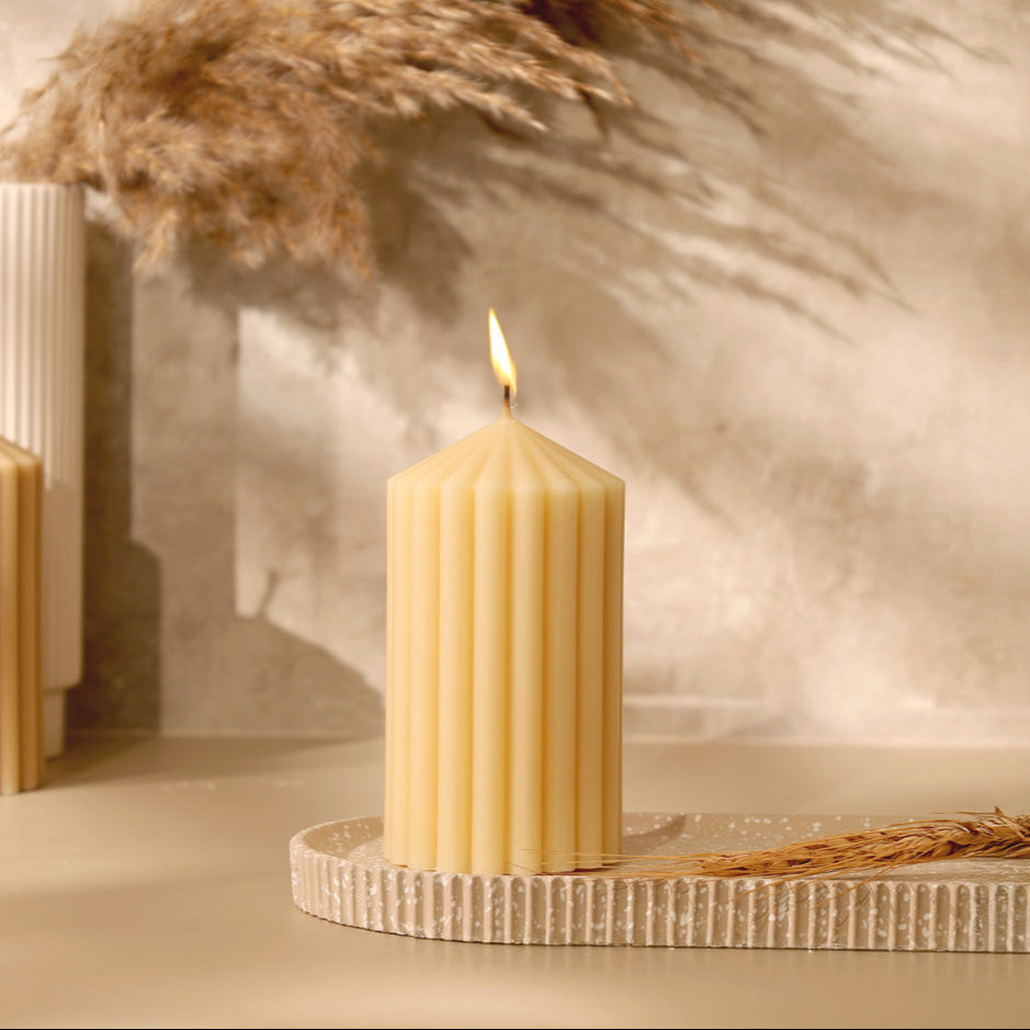 Cina Ribbed Tower Candle Medium - Cream