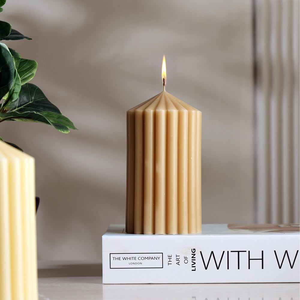 Cina Ribbed Tower Candle Medium - Sand