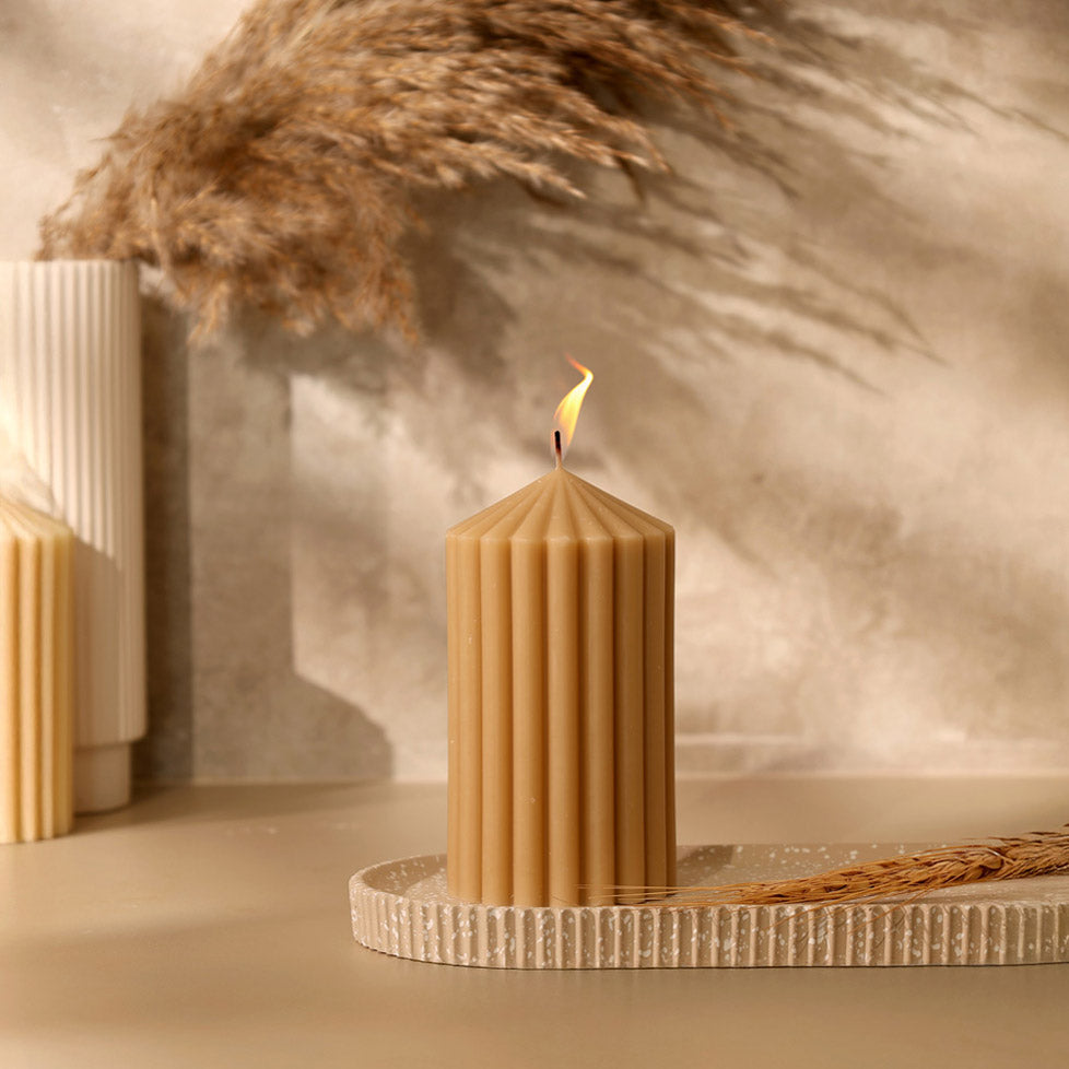 Cina Ribbed Tower Candle Medium - Sand