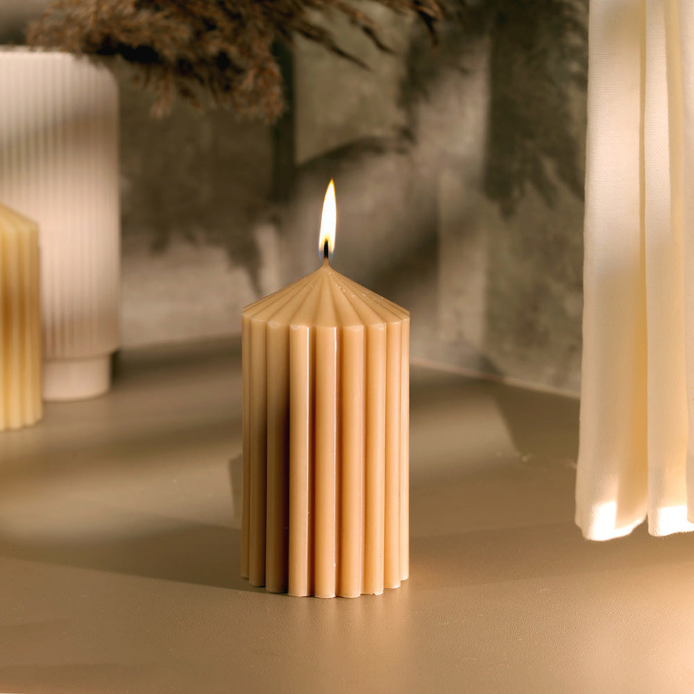 Cina Ribbed Tower Candle Medium - Sand