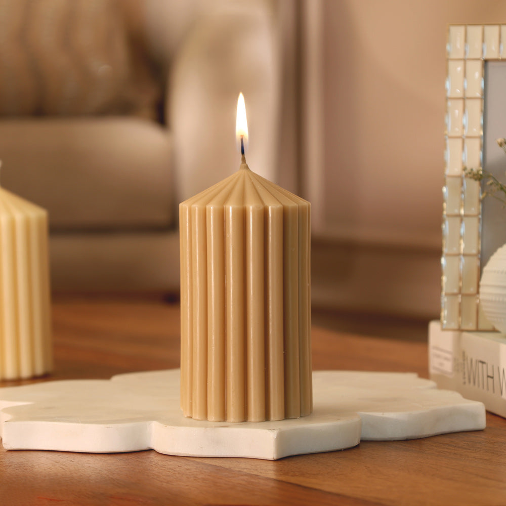 Cina Ribbed Tower Candle Medium - Sand