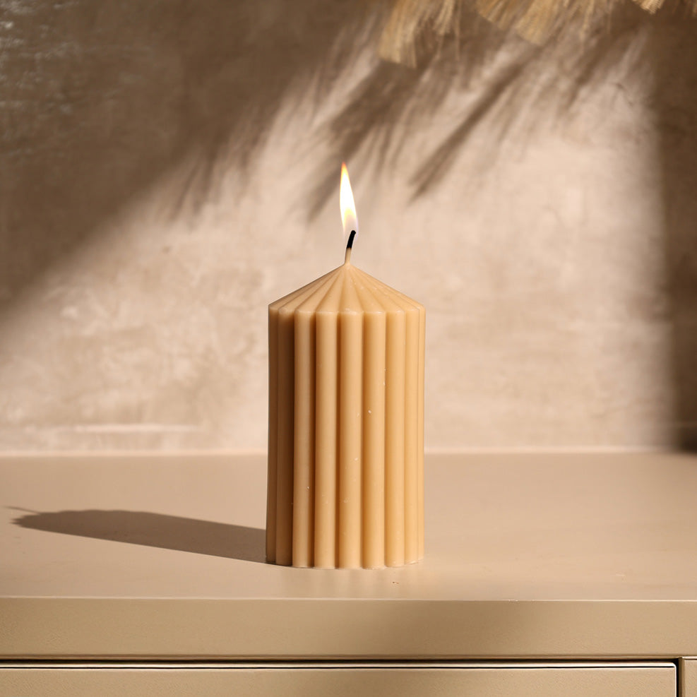 Cina Ribbed Tower Candle Medium - Sand