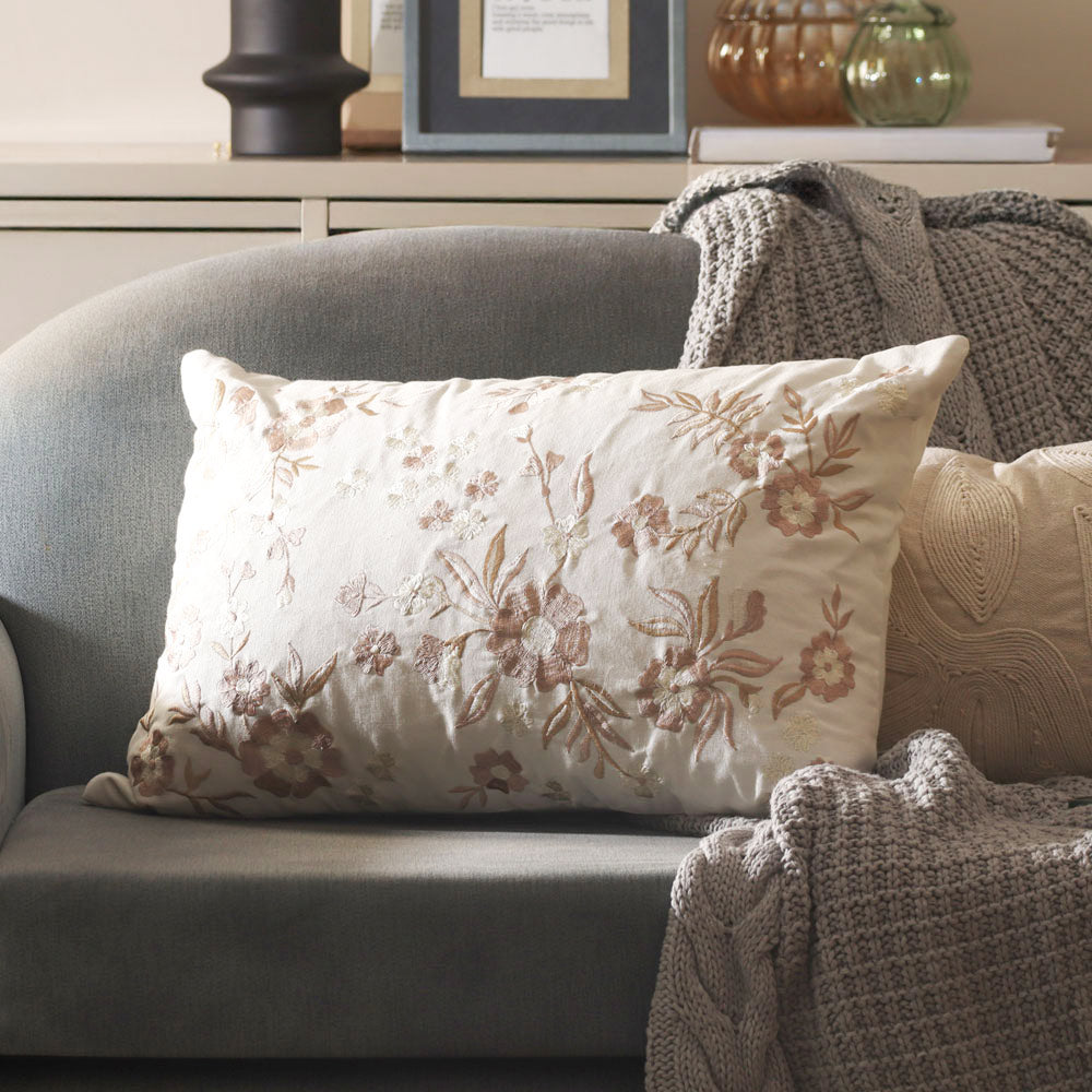 Cinqufoil Embroidered Cotton Rectangular Cushion Cover 40x60cm - Rust White
