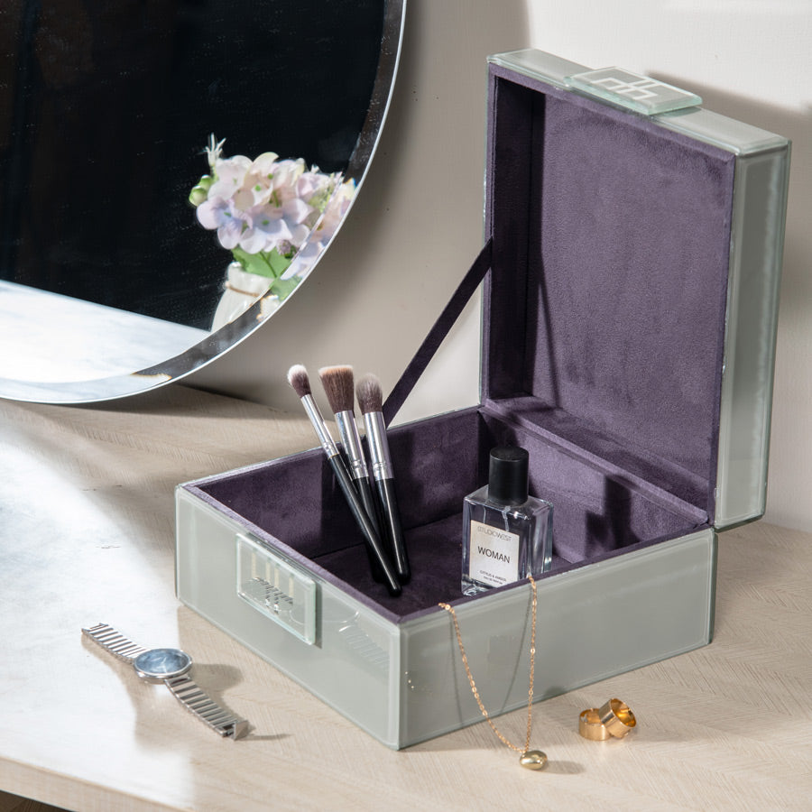 Cleo Glass Square Storage Box Large - Pearl Grey