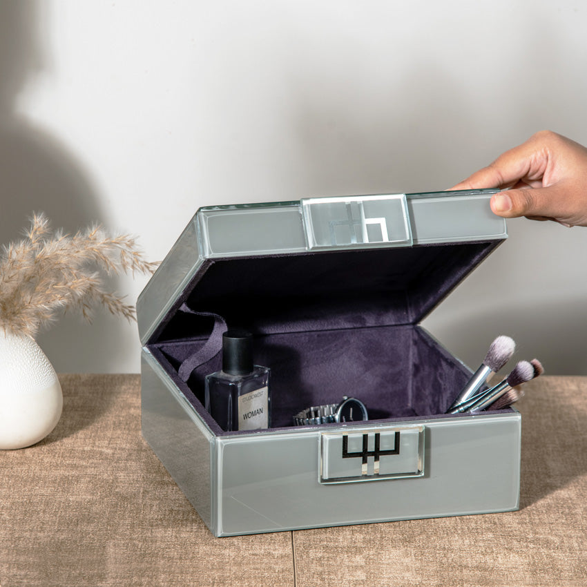 Cleo Glass Square Storage Box Large - Pearl Grey