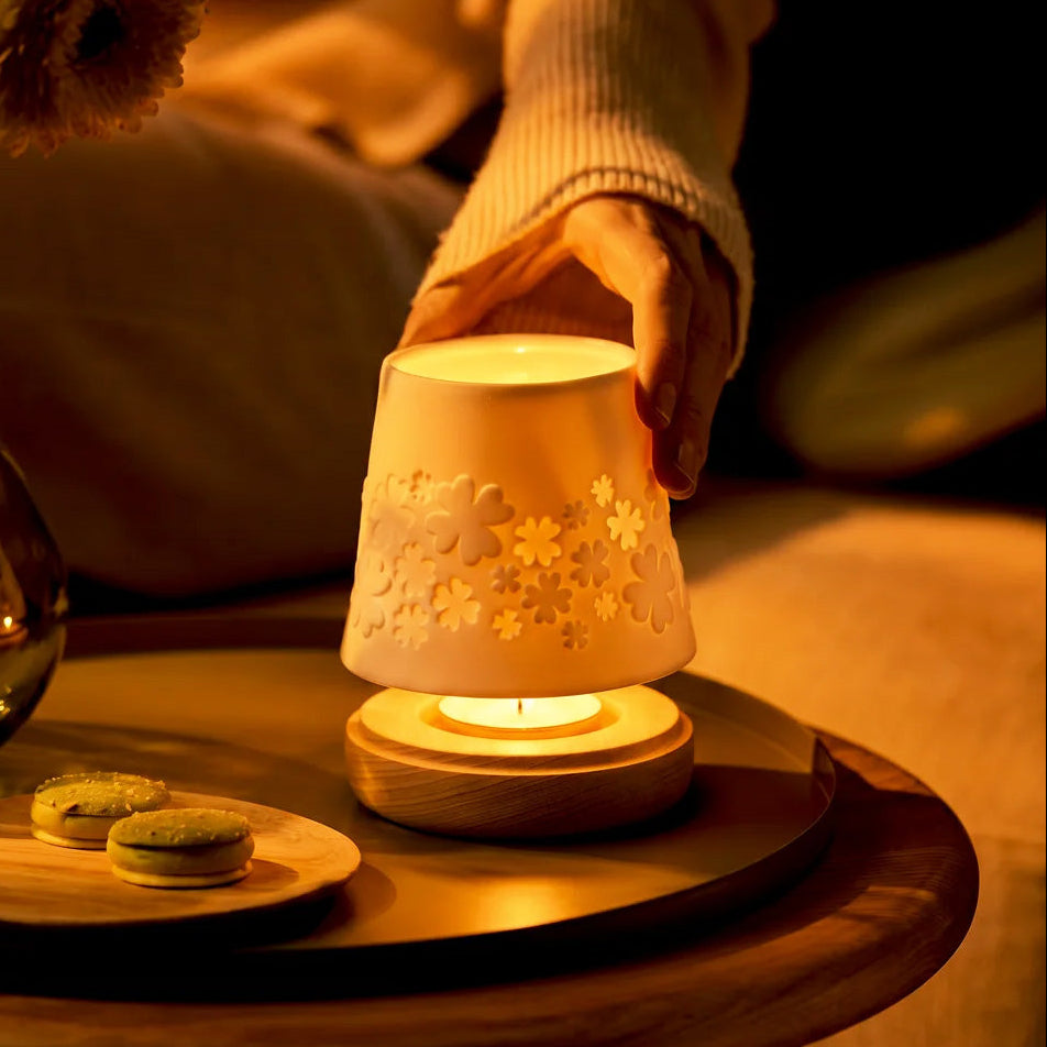 Embossed Porcelain Lantern with Wooden Base - Clover Leaves
