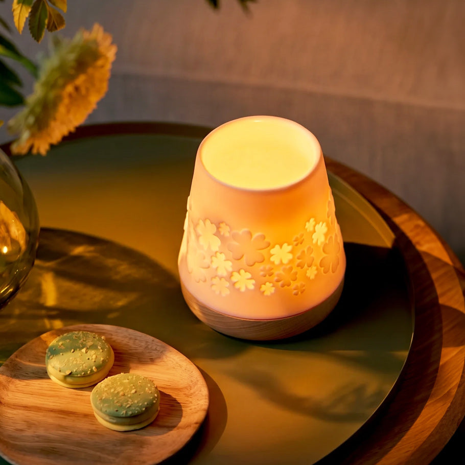 Embossed Porcelain Lantern with Wooden Base - Clover Leaves
