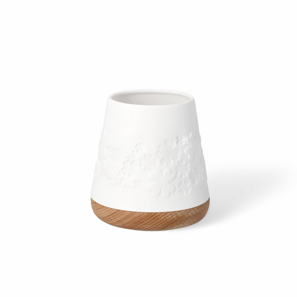 Embossed Porcelain Lantern with Wooden Base - Clover Leaves