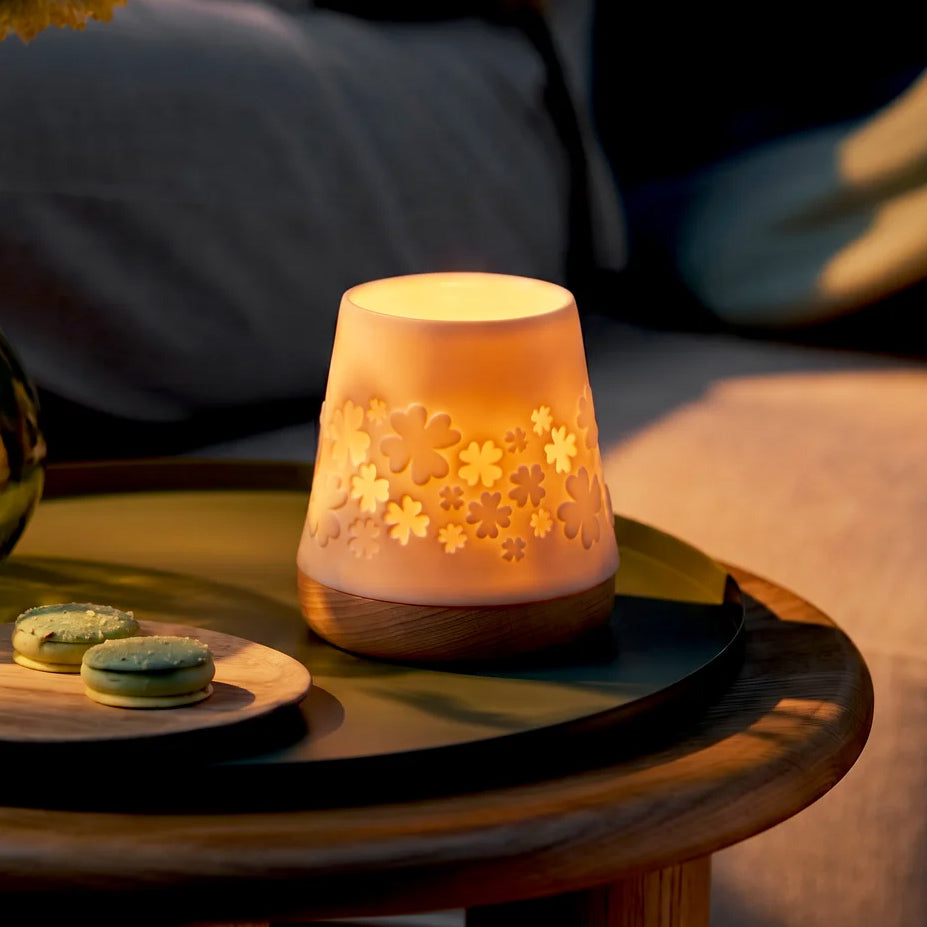 Embossed Porcelain Lantern with Wooden Base - Clover Leaves