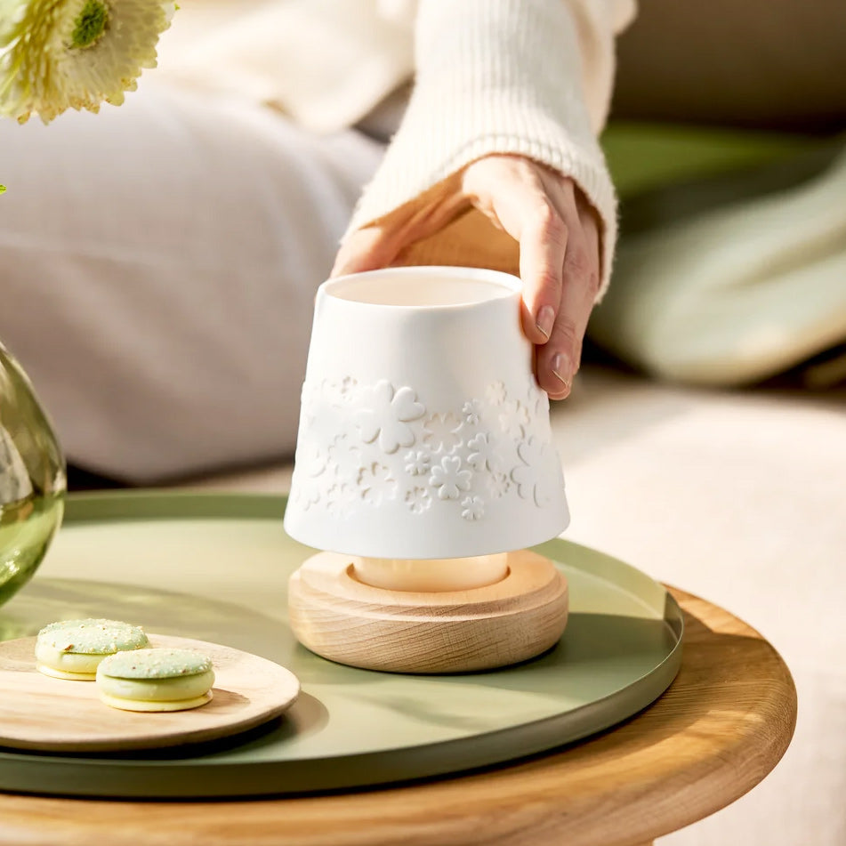 Embossed Porcelain Lantern with Wooden Base - Clover Leaves